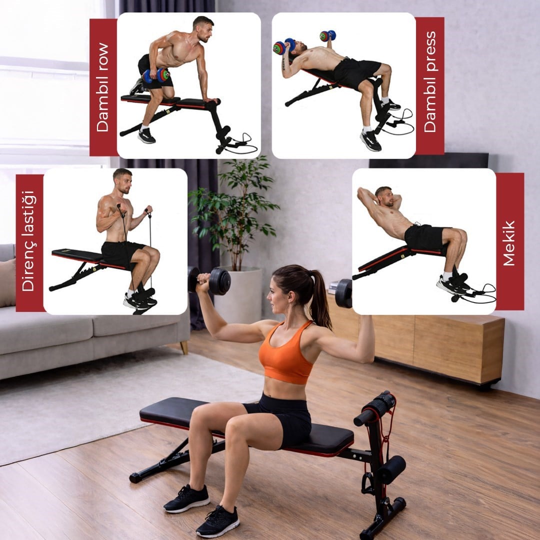 Ev Tipi Çok Fonksiyonlu Dambıl Bench Press ve Mekik Sehpası Antrenman Aleti Direnç Lastiği Hediye