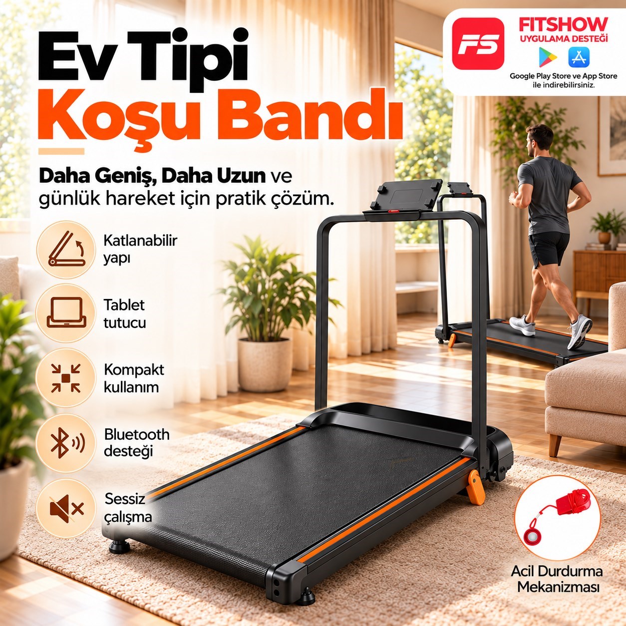 Güçlü Katlanabilir Koşu Bandı Ev Tipi Yürüyüş Fitshow App Bluetoothlu Uzaktan Kumanda Sessiz Motor