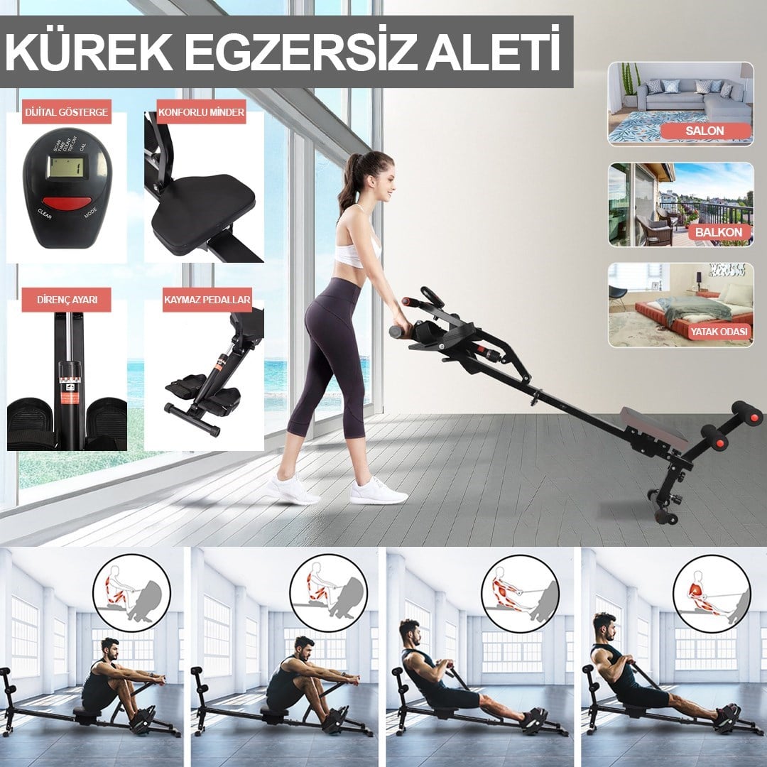 Hidrolik Katlanabilir Kürek Çekme Aleti Gösterge Ev Kardiyo Tüm Vücut Egzersiz Direnç Lastiği Hediye