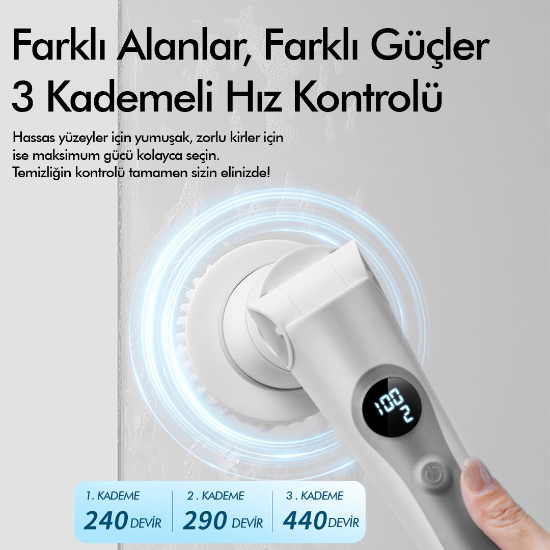Kablosuz Şarjlı Temizlik Fırçası 8 Başlıklı 3 Kademe Hız Ayarlı Teleskopik Çok Amaçlı Ev Cihazı