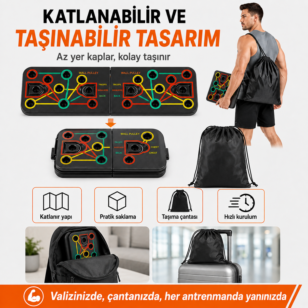 Katlanabilir Şınav Tahtası Direnç Bandı Ab Roller El Yayı  Atlama İpi Karın Göğüs Egzersiz Aleti Seti