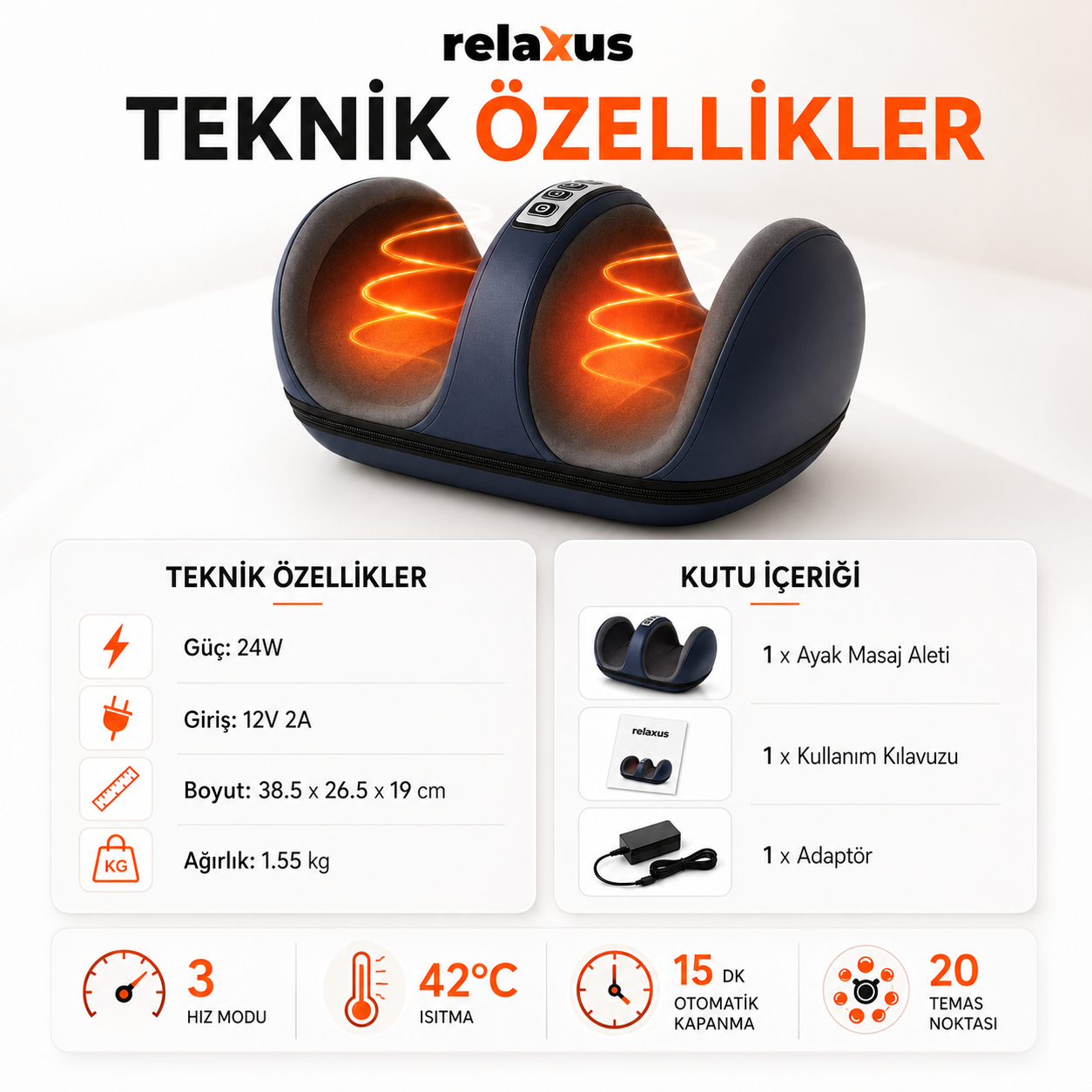 RLX10 Isıtmalı Ayak Ve Bacak Masaj Aleti Ayak Masaj Cihazı 20 Temas Noktalı Antibakteriyel