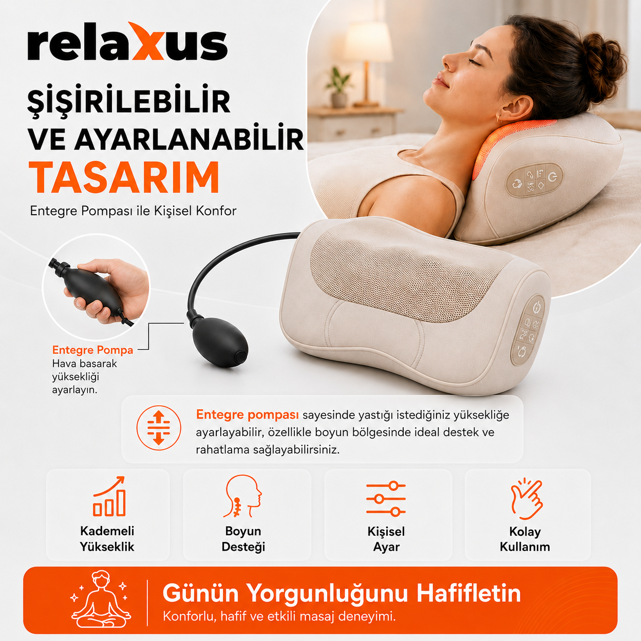 RLX40 Taşınabilir Şişirilebilir Ovmalı Isıtmalı Masaj Yastığı Boyun, Bel ve Sırt Şarjlı Masaj Aleti