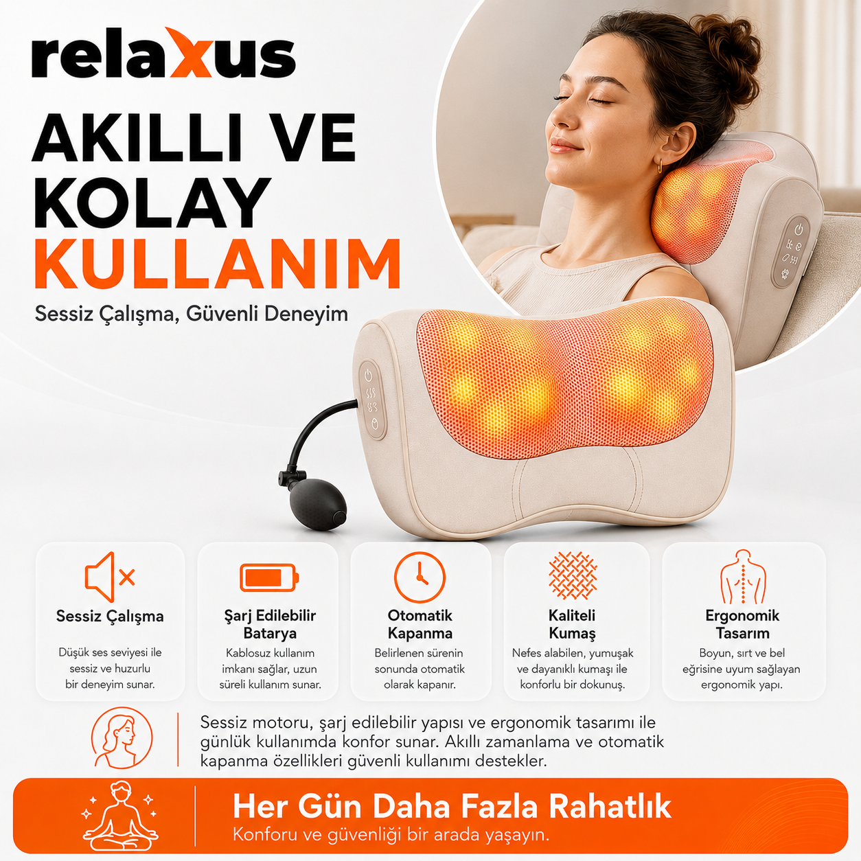 RLX40 Taşınabilir Şişirilebilir Ovmalı Isıtmalı Masaj Yastığı Boyun, Bel ve Sırt Şarjlı Masaj Aleti