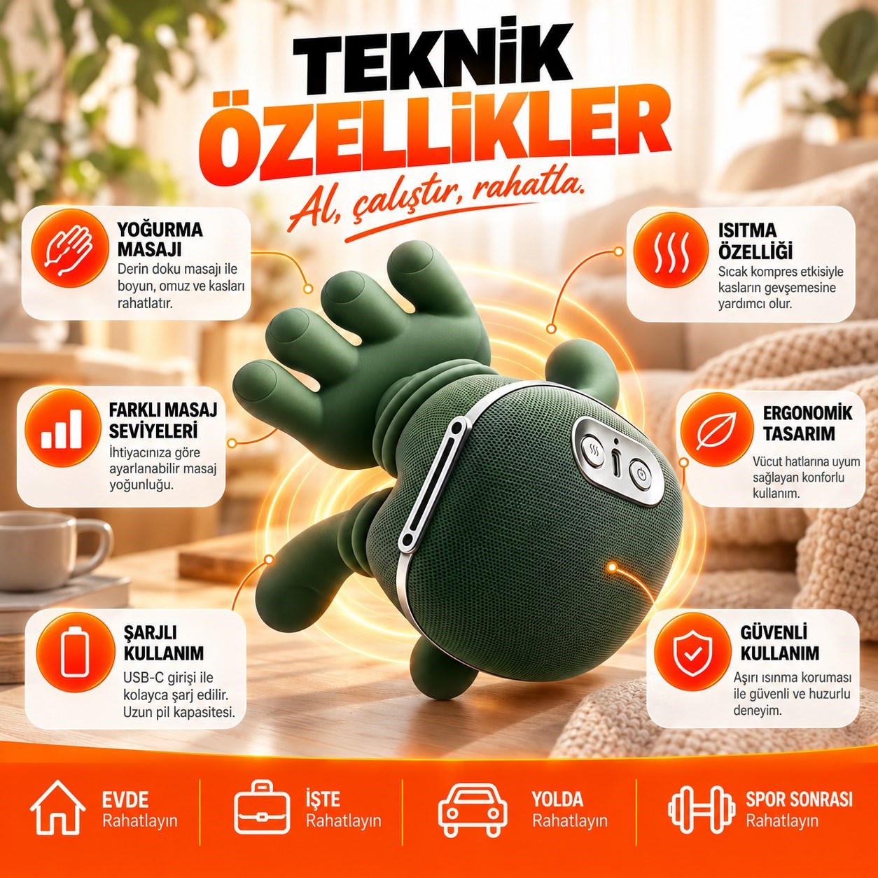 Şarjlı Isıtmalı Boyun Masaj Aleti El Hisli Parmakla Yoğurma Teknolojili Omuz Sırt Bacak Masaj Cihazı