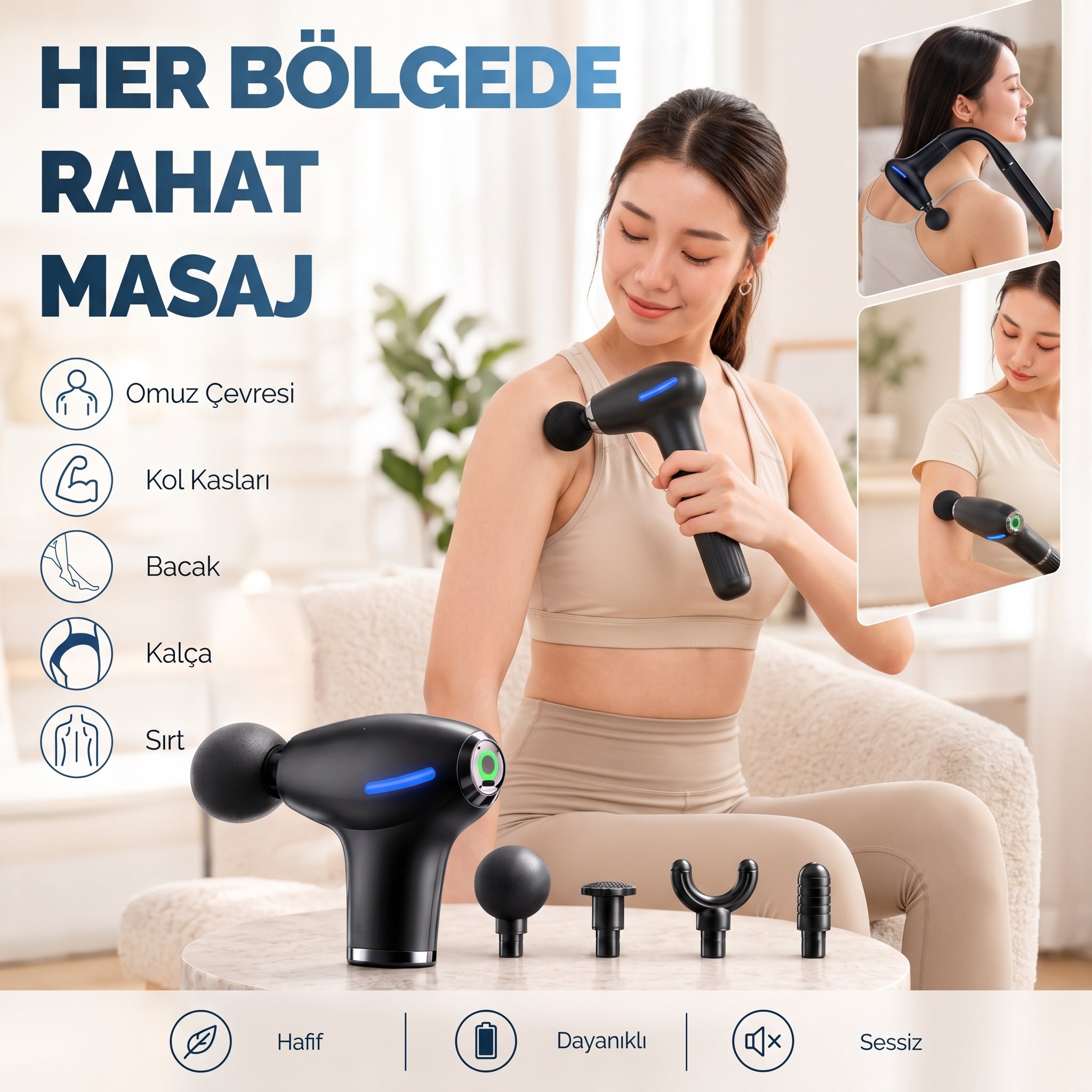 Uzatmalı Kanca Saplı Masaj Tabancası 4 Başlıklı Kablosuz Kas Gevşetici Sırt Omuz Tüm Vücut Masajı