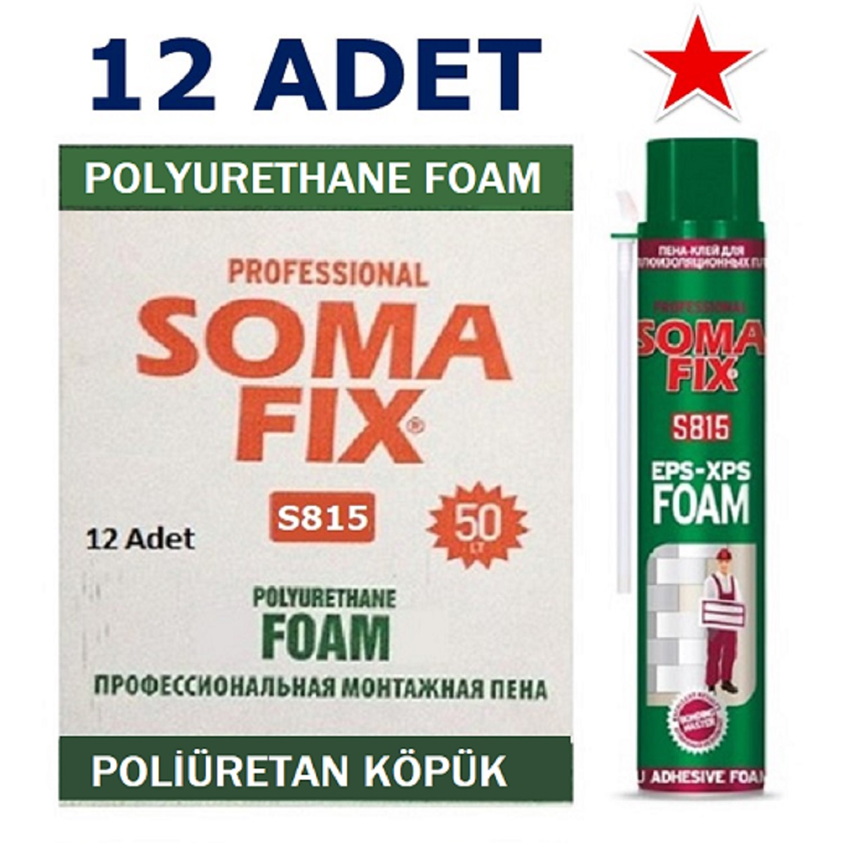 12 Adet 750 ml 920 gr Somafix Mantolama Poliüretan Köpüğü Yapıştırma Şişmeyen Eps Xps Köpük S815