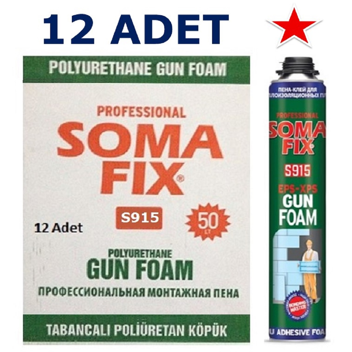 12 Adet 750 ml 940 gr Somafix Tabancalı Mantolama Poliüretan Köpüğü Yapıştırma Şişmeyen Eps Xps Köpük S915