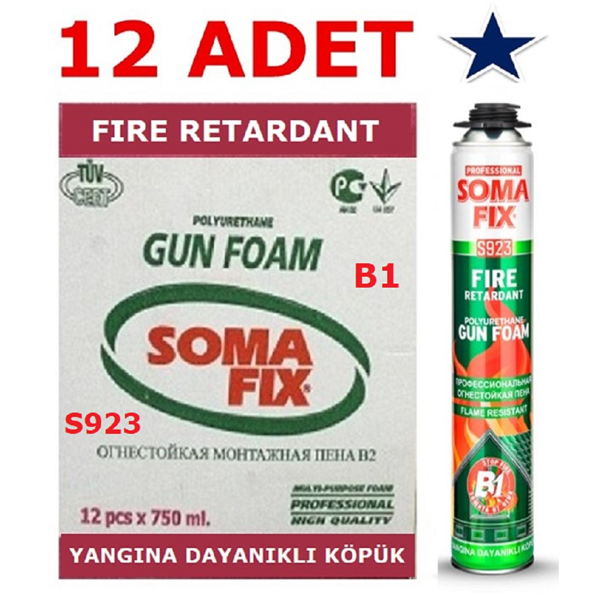 12 Adet 750 ml 940 gr Somafix Tabancalı Yangına Dayanıklı Poliüretan Köpük B1 Pembe Köpük S923