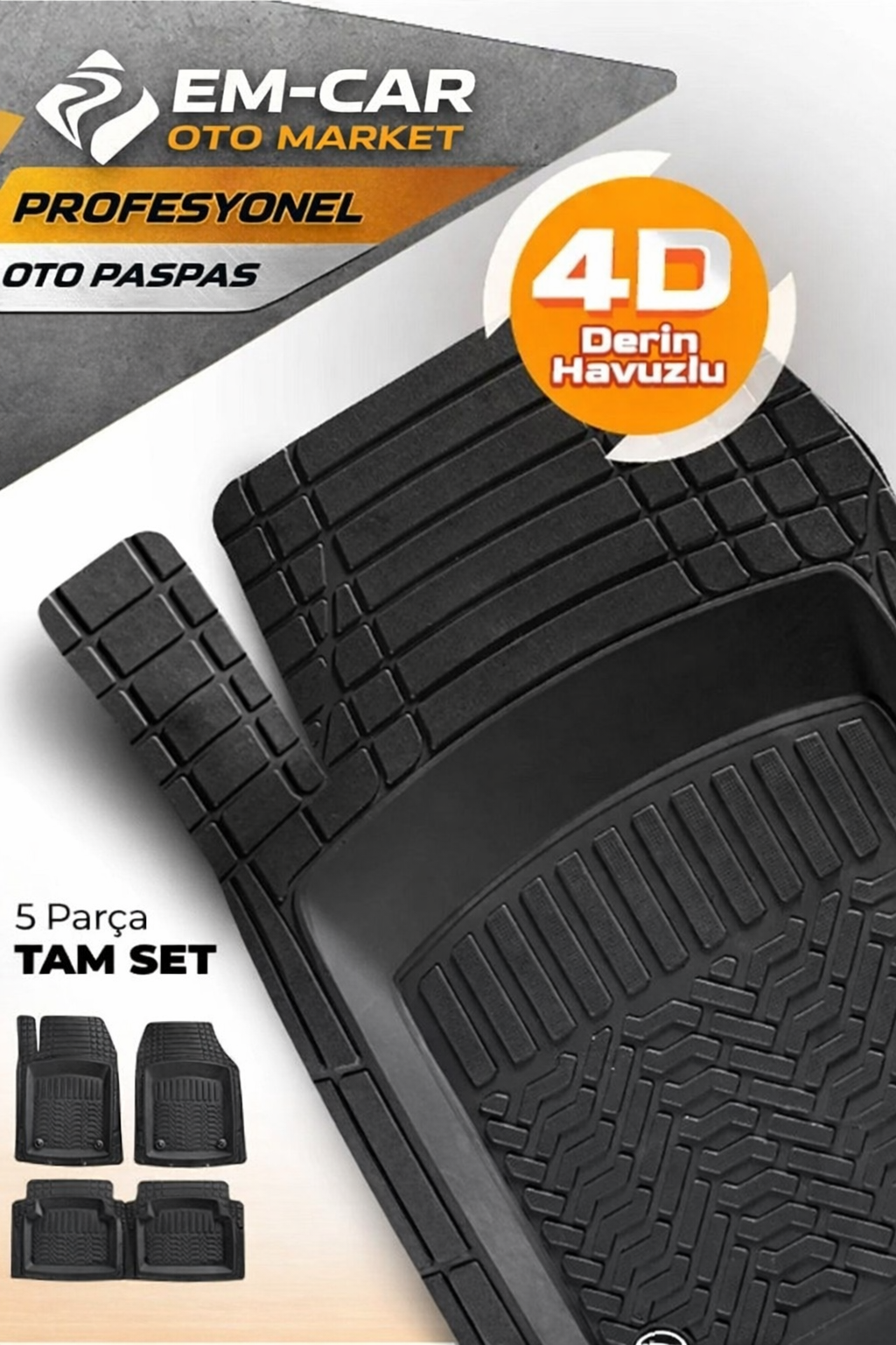 4D Derin Havuzlu %100 Termo Kauçuk Kaydırmazlı Siyah Renk Oto Paspas