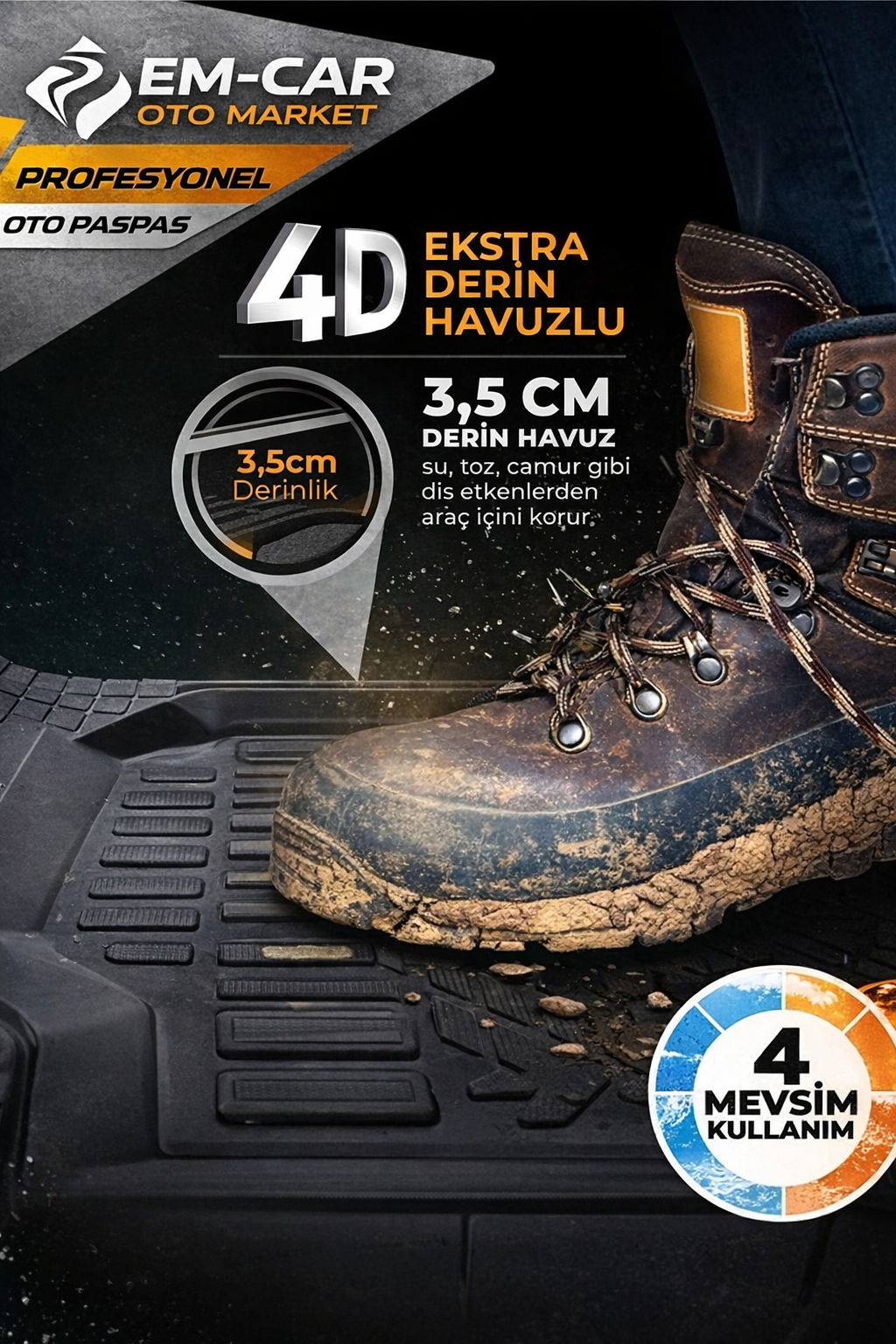 4D Derin Havuzlu %100 Termo Kauçuk Kaydırmazlı Siyah Renk Oto Paspas