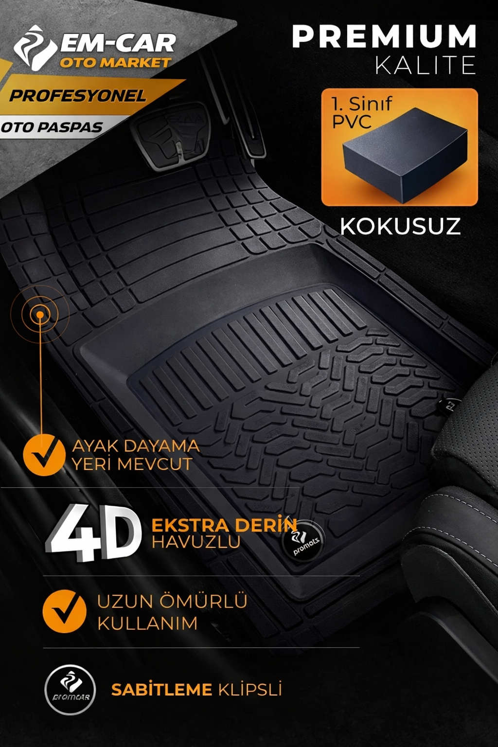 4D Derin Havuzlu %100 Termo Kauçuk Kaydırmazlı Siyah Renk Oto Paspas
