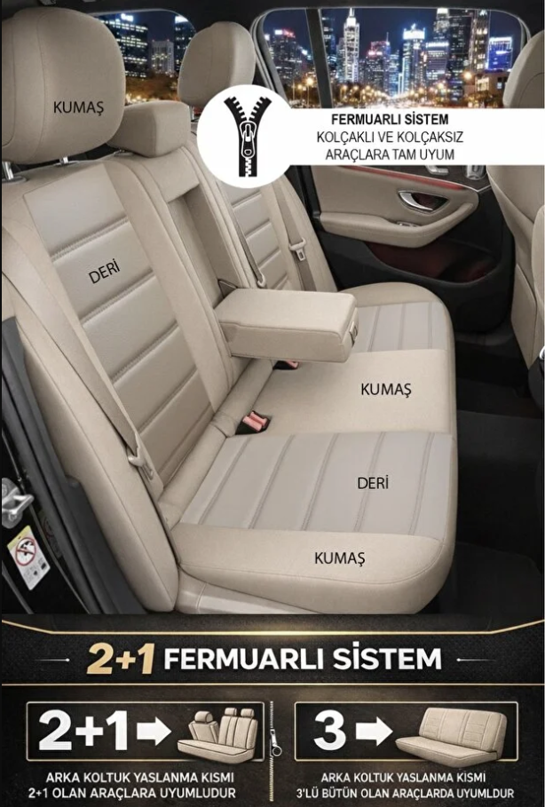 Bej Renk Deri Oto Koltuk Kılıfı - 5 Koltuk Tam Set
