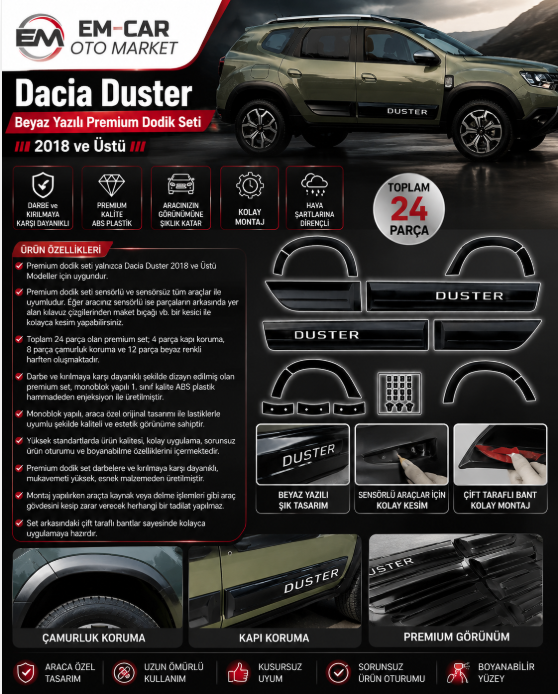 Dacia Duster 2018 ve Üstü Beyaz Yazılı Premium Kapı ve Çamurluk Koruma Dodik Seti