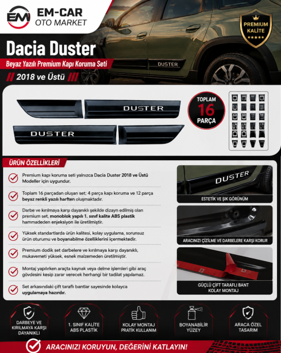 Dacia Duster 2018 ve Üstü Beyaz Yazılı Premium Kapı Koruma Seti