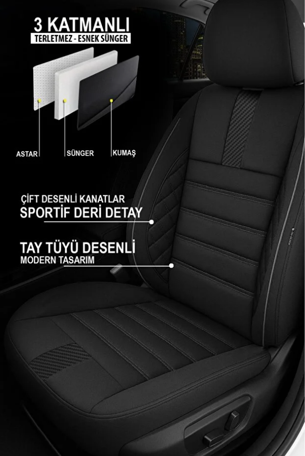 Koyu Siyah Tay Tüyü Oto Koltuk Kılıfı - 5 Koltuk Tam Set
