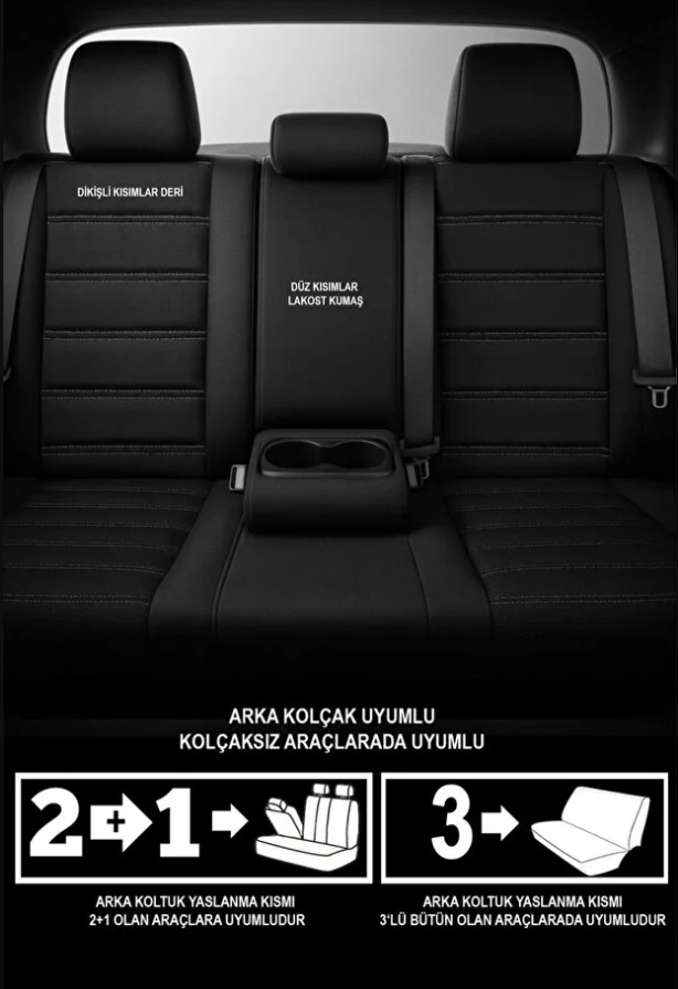 Siyah Beyaz Deri Oto Koltuk Kılıfı - Bel Destekli -  5 Koltuk Tam Set