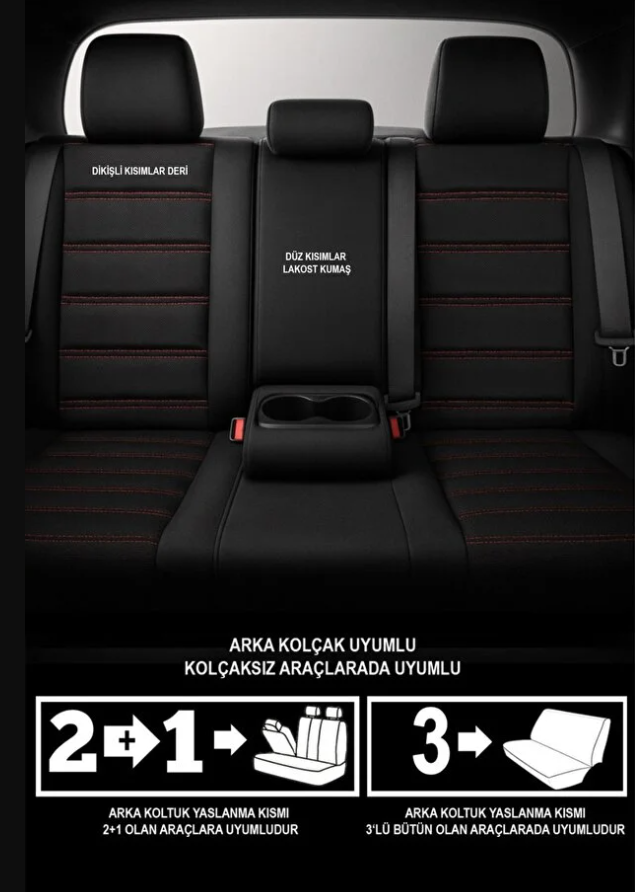 Siyah Kırmızı Deri Oto Koltuk Kılıfı - Bel Destekli -  5 Koltuk Tam Set