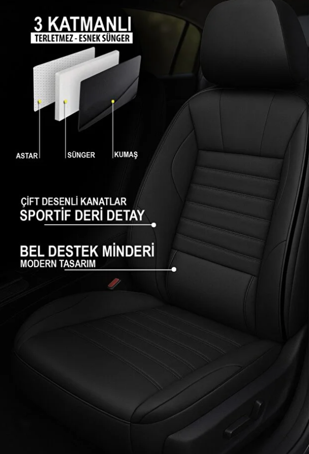 Siyah Renk Deri Oto Koltuk Kılıfı - Bel Destekli -  5 Koltuk Tam Set