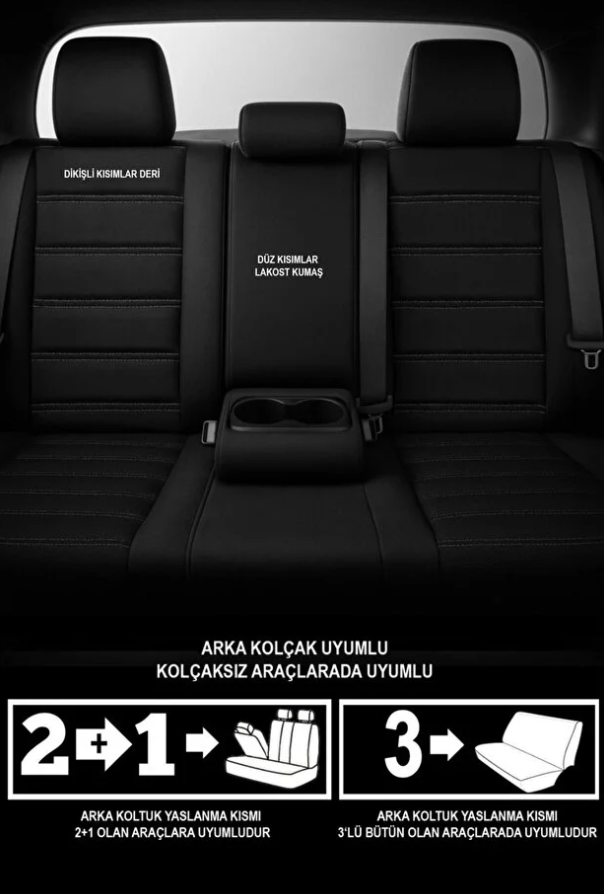 Siyah Renk Deri Oto Koltuk Kılıfı - Bel Destekli -  5 Koltuk Tam Set