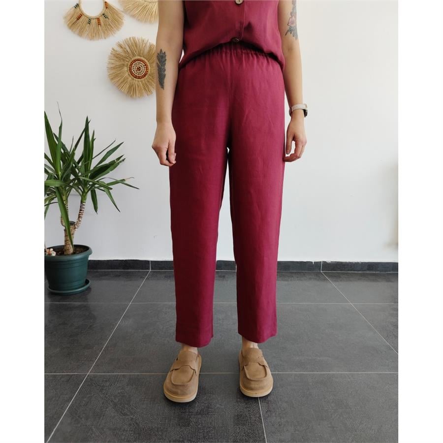 %100 Ham Keten Vişne Pantolon 