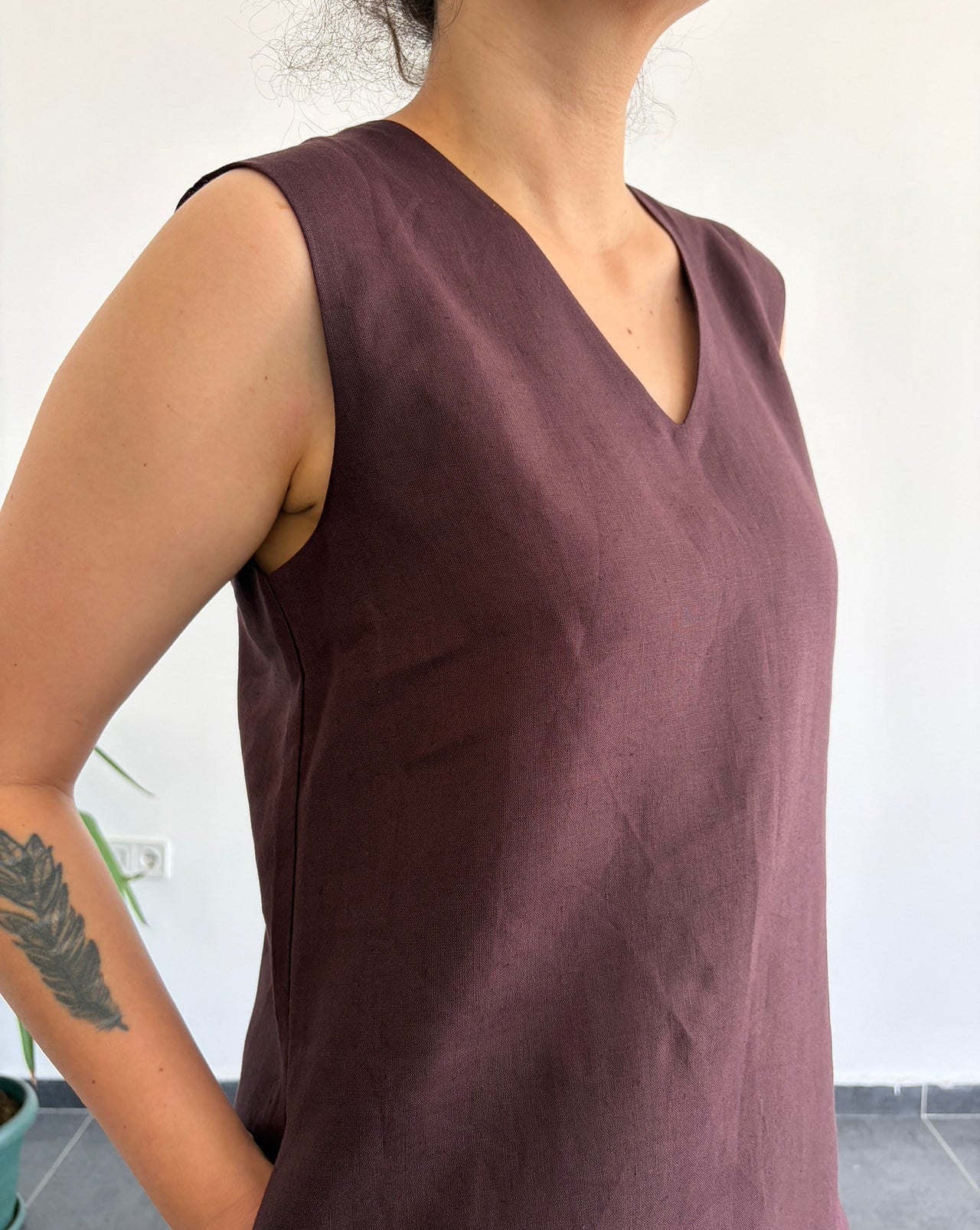 %100 Keten Acı kahve Şehir Boy Elbise