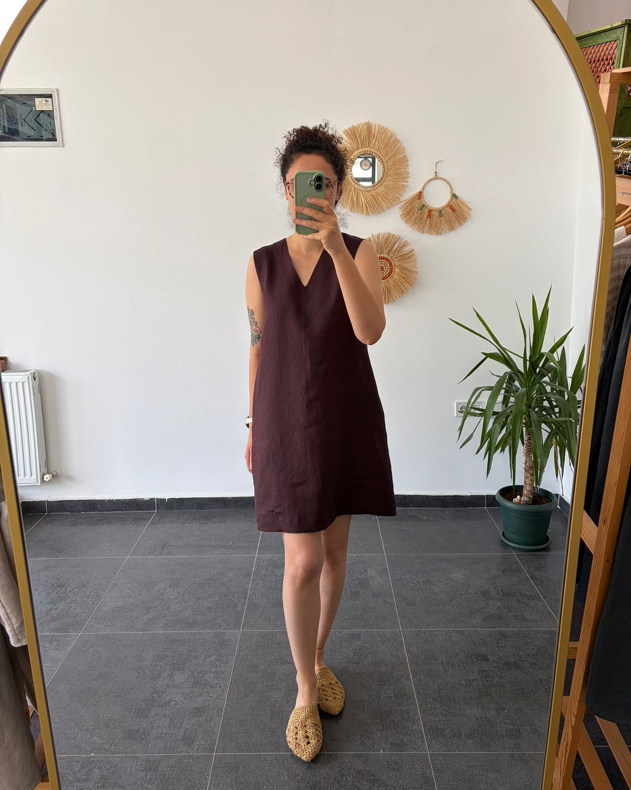 %100 Keten Acı kahve Şehir Boy Elbise