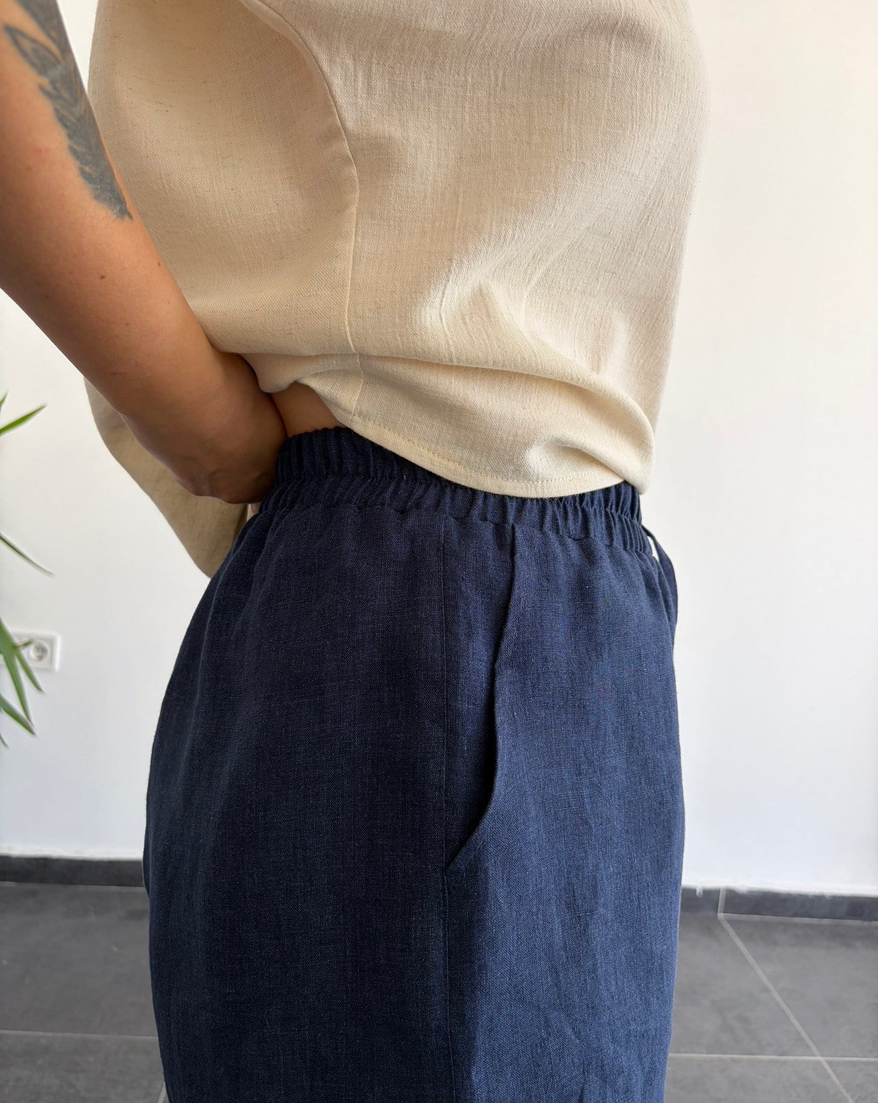 %100 Keten Denim Şort