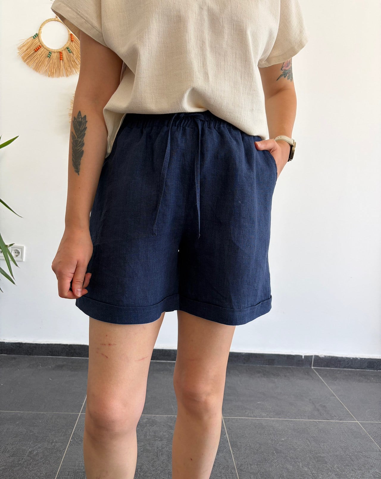 %100 Keten Denim Şort