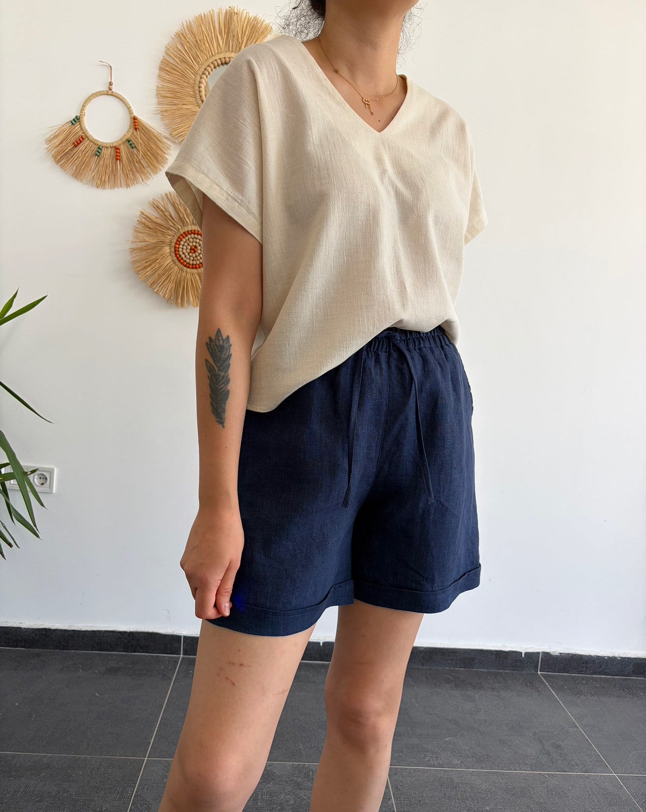 %100 Keten Denim Şort