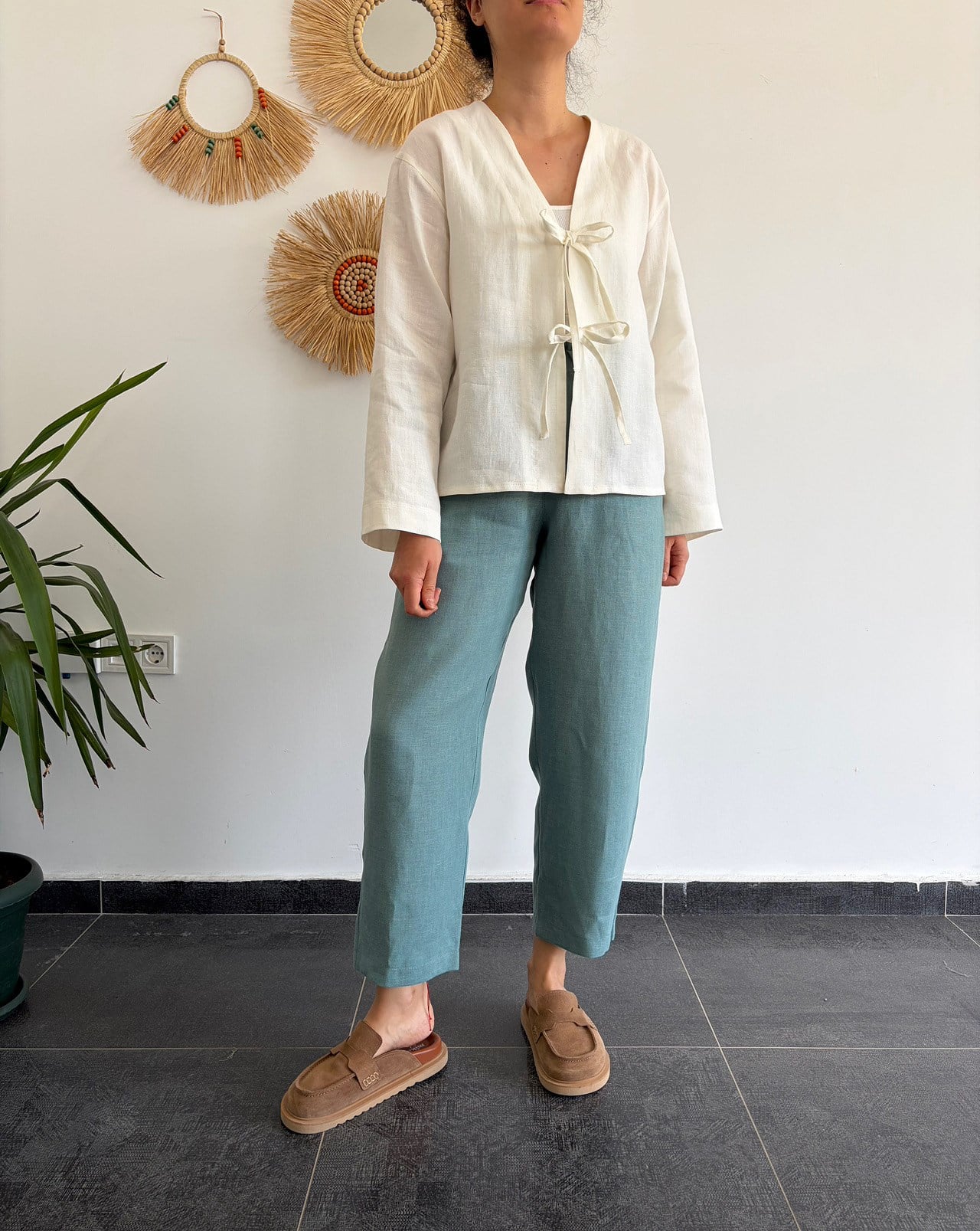 %100 Keten Ekru Kimono 