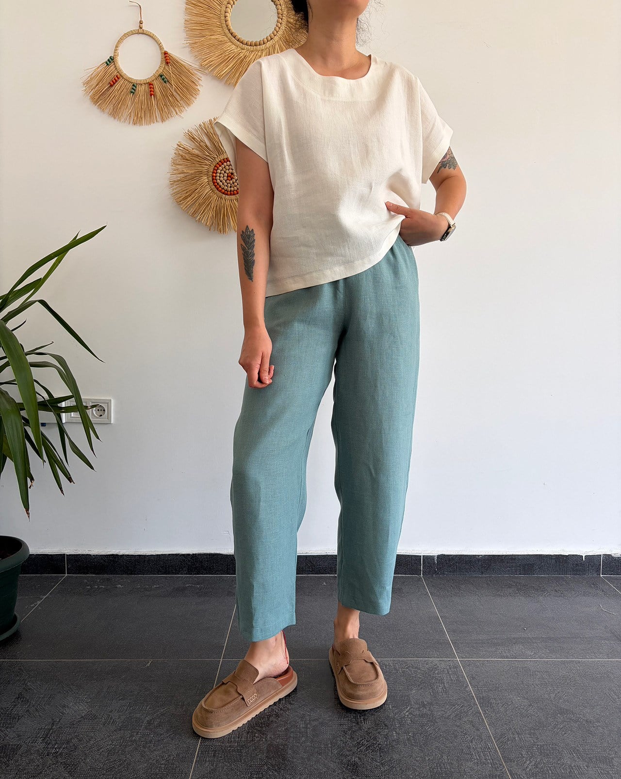 %100 Keten Ekru Oversize Bluz