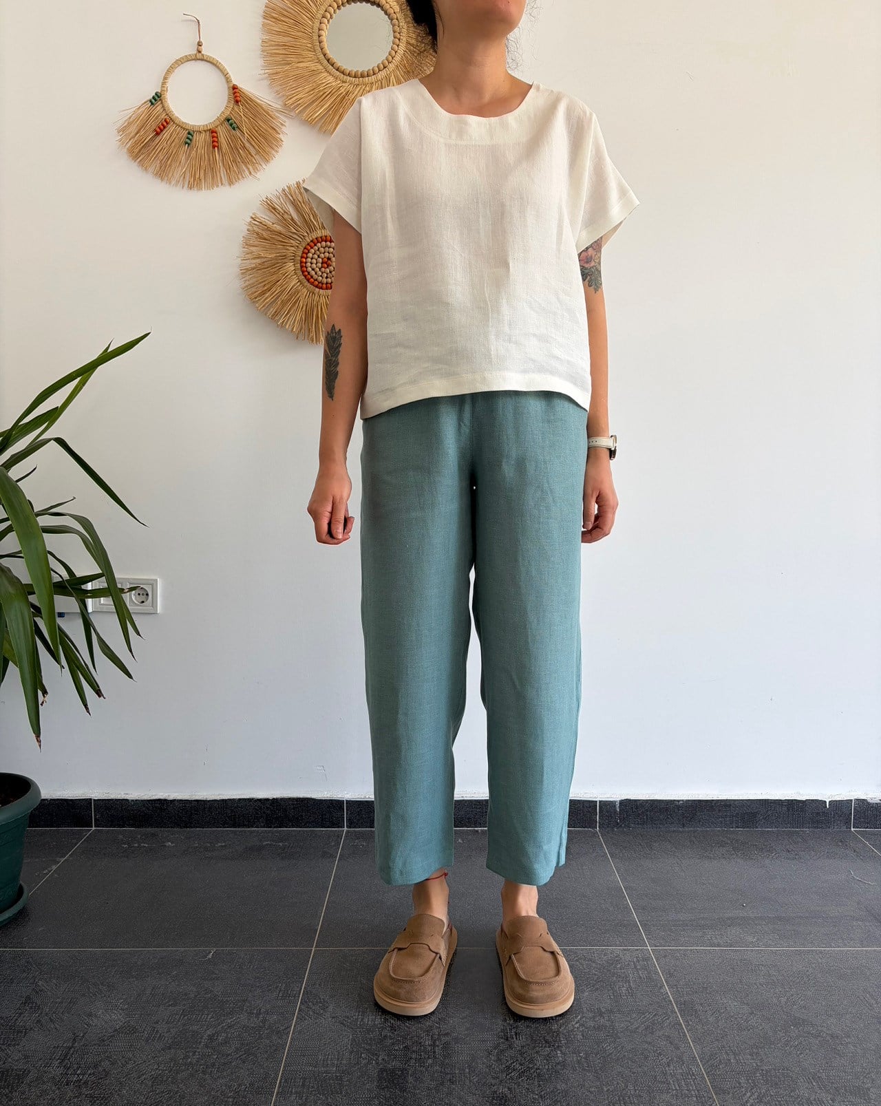 %100 Keten Ekru Oversize Bluz