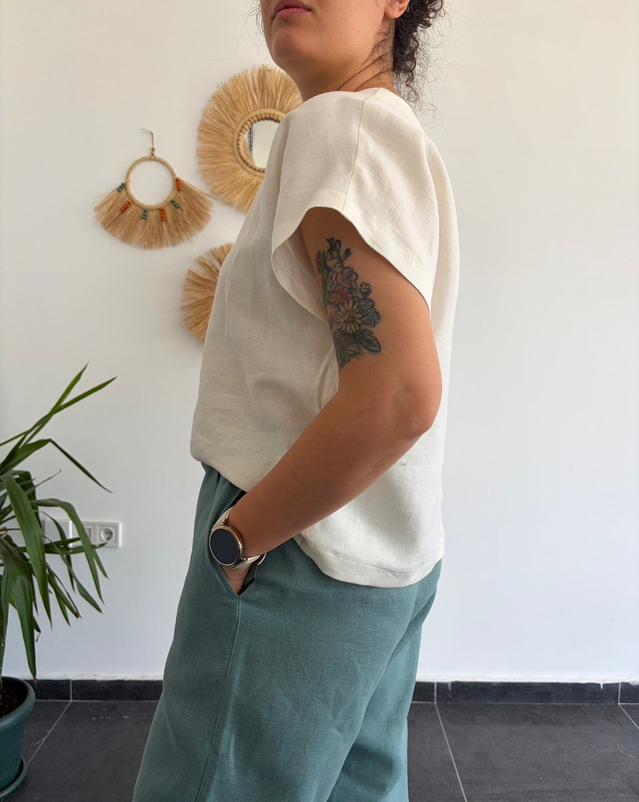 %100 Keten Ekru Oversize Bluz