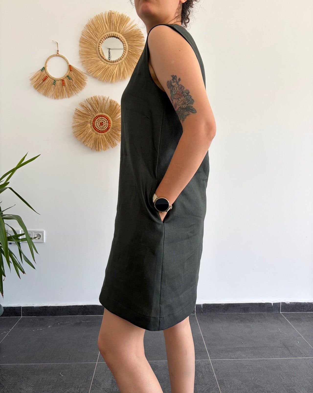 %100 Keten Koyu Çam Yeşil Şehir Boy Elbise