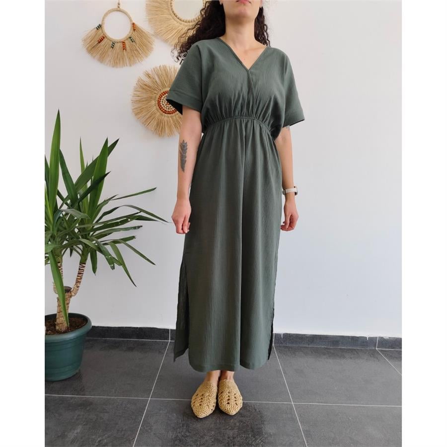 Helen Şile Bezi Küllü Haki Elbise 