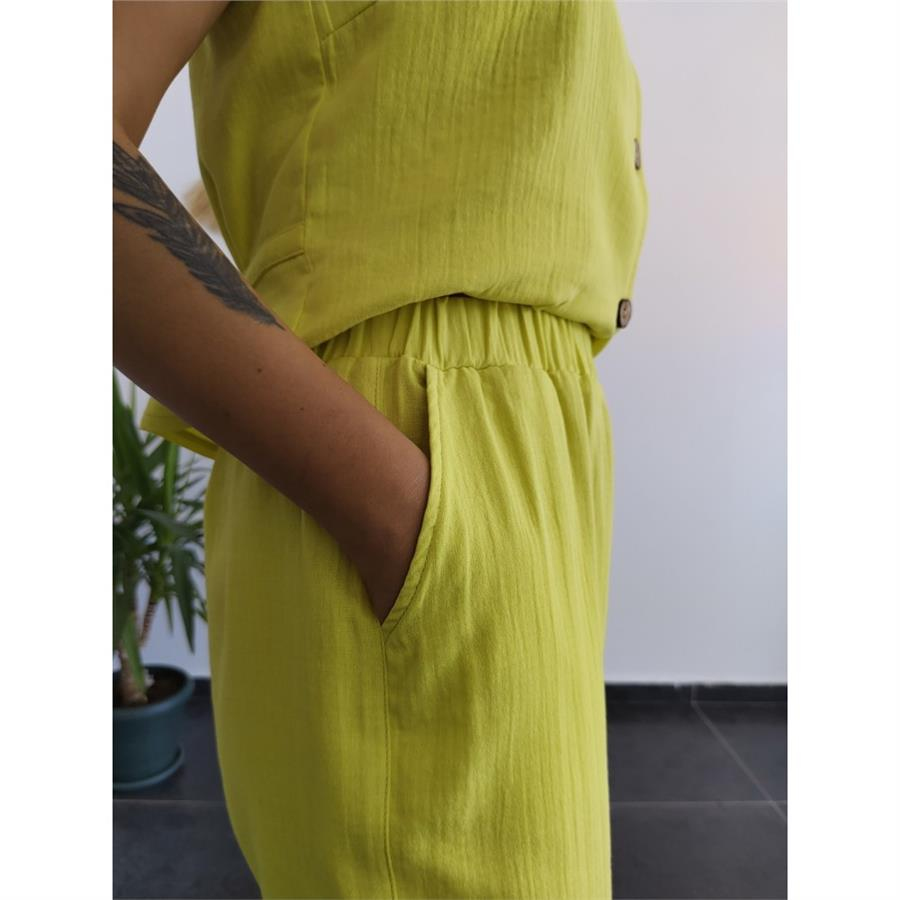 Müslin Bol Paça Limon Yeşili Pantolon 