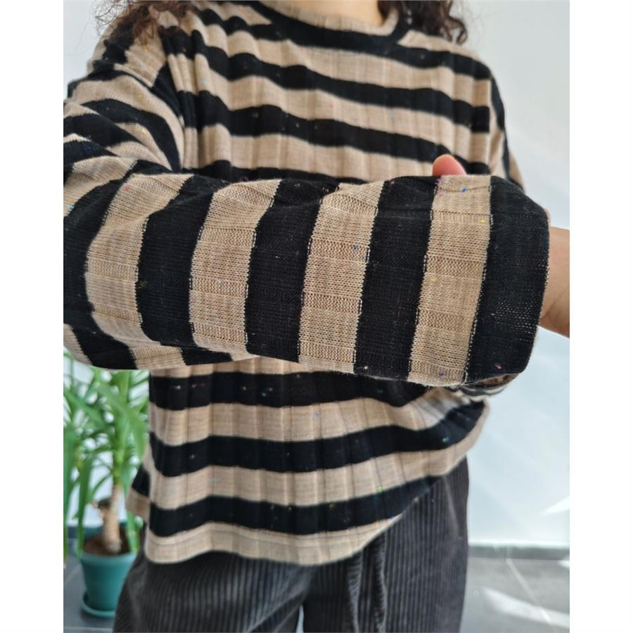 Retro Siyah Çizgili Oversize Triko Bluz 