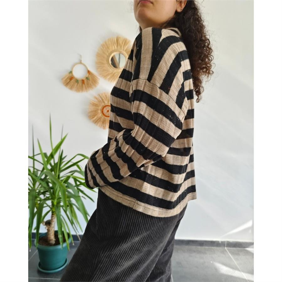 Retro Siyah Çizgili Oversize Triko Bluz 