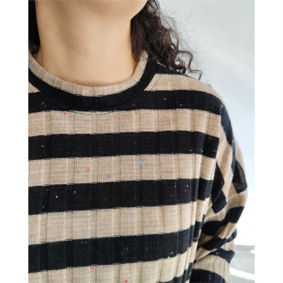 Retro Siyah Çizgili Oversize Triko Bluz 