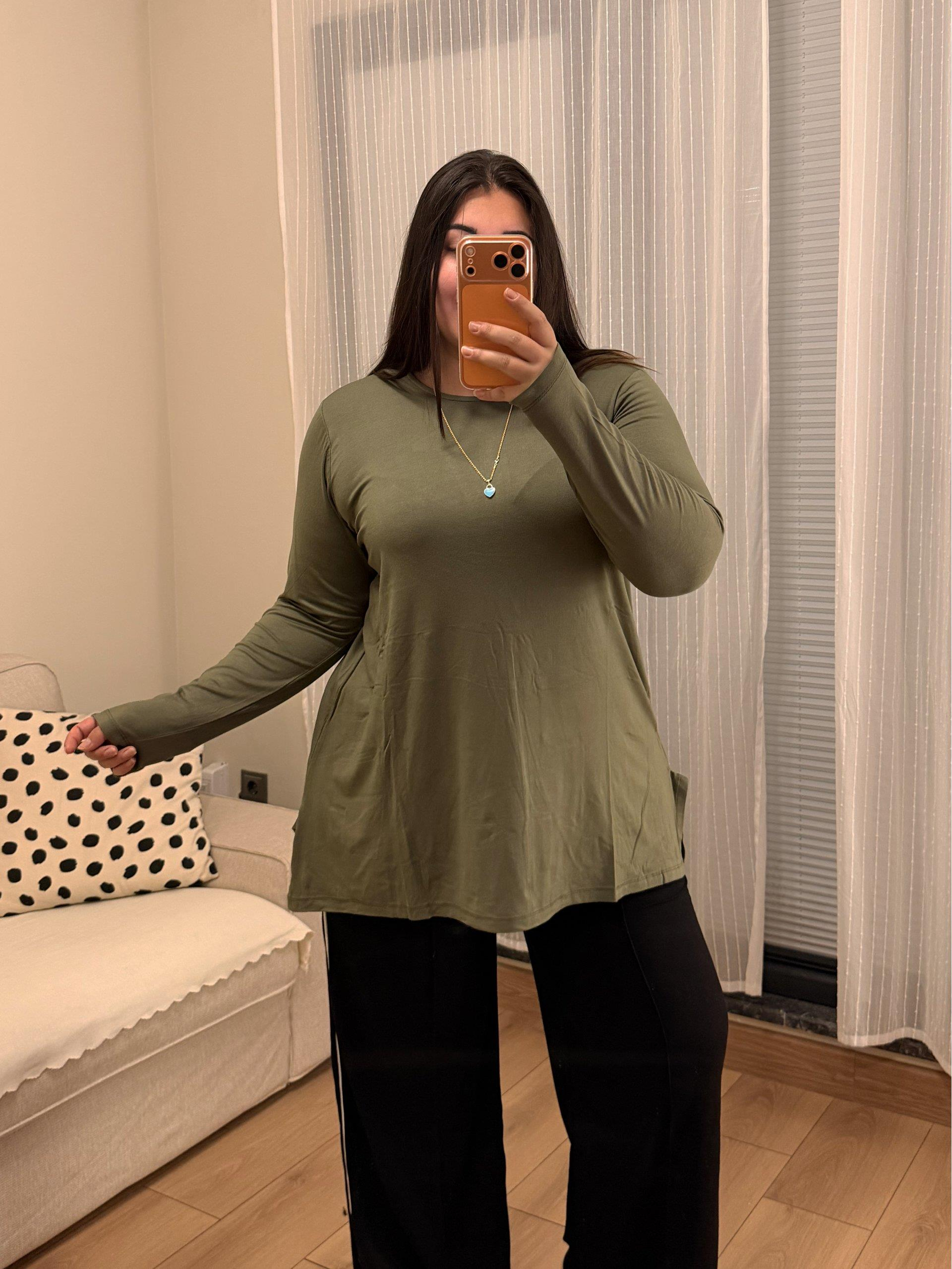 Basic Asimetrik Modal Kumaş Esnek Bluz - Haki