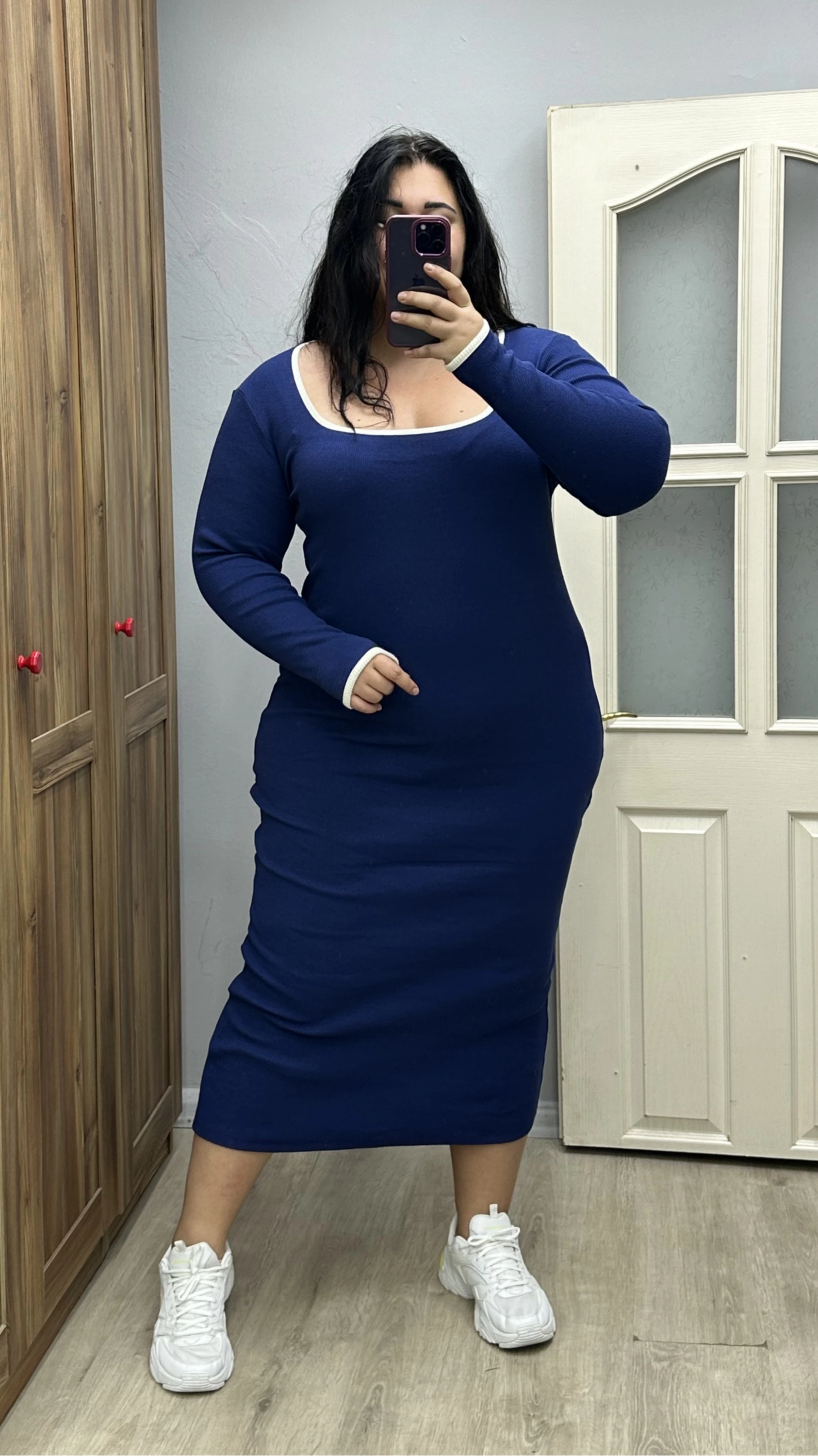 Biyeli Esnek Triko Elbise - Lacivert