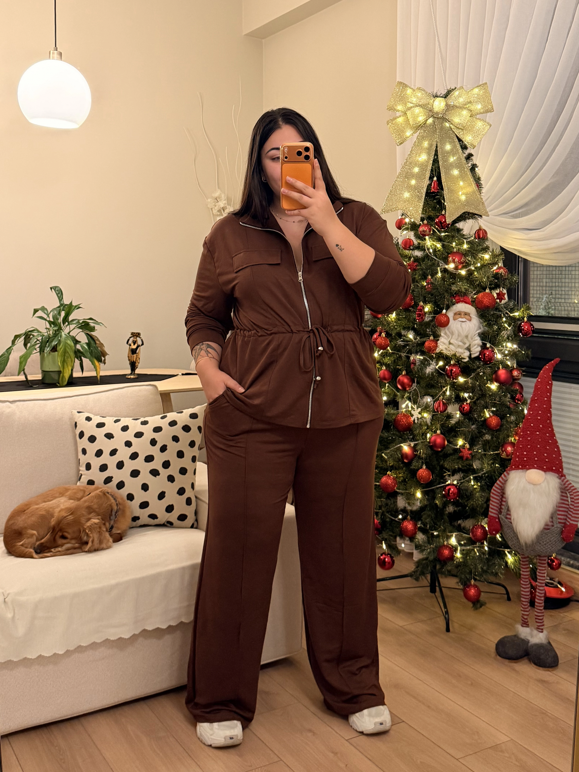 Büzgü Detaylı Cepli Modal Karışımlı Takım - Kahverengi