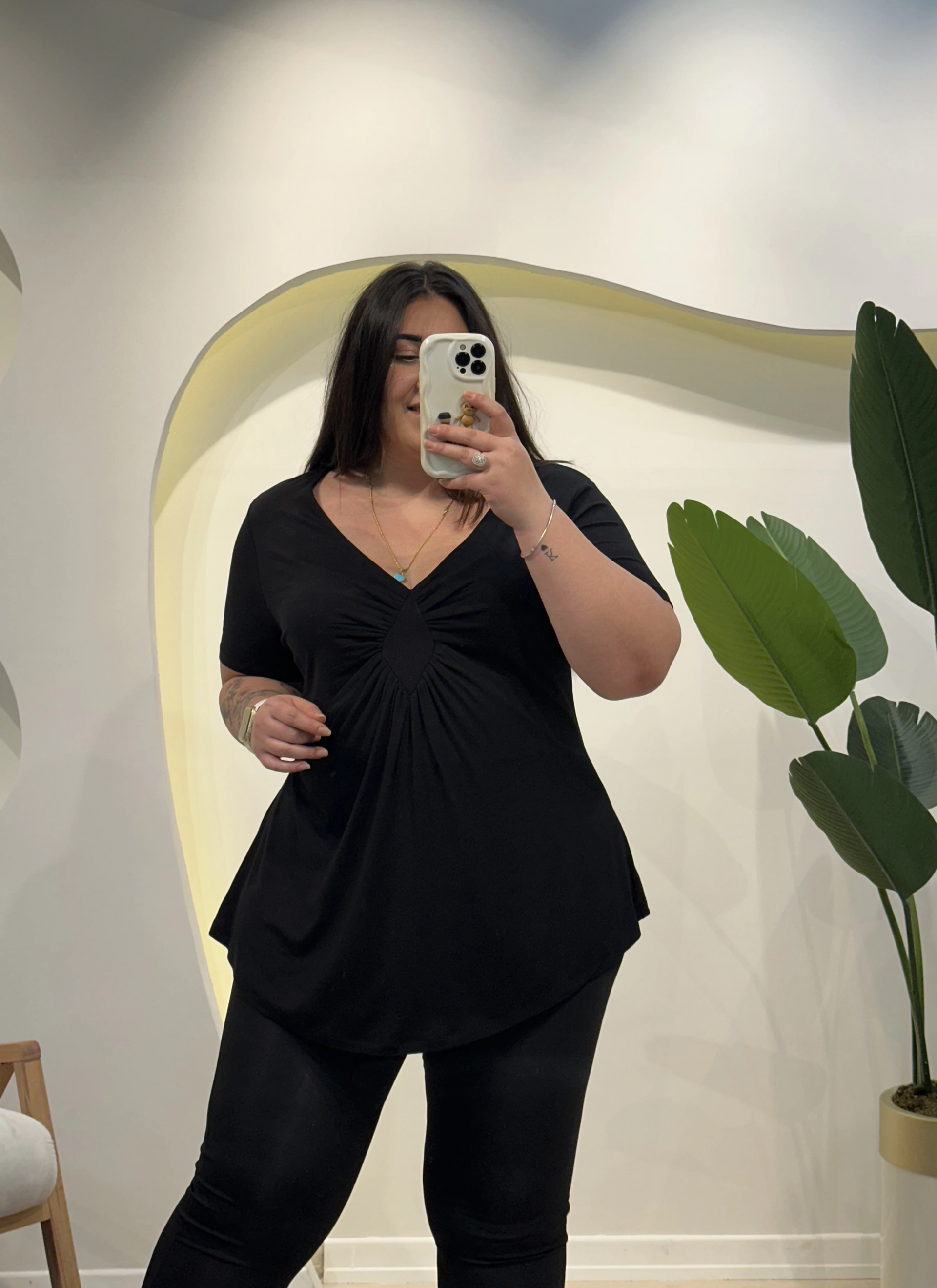 Büzgülü Esnek Penye Bluz - Siyah