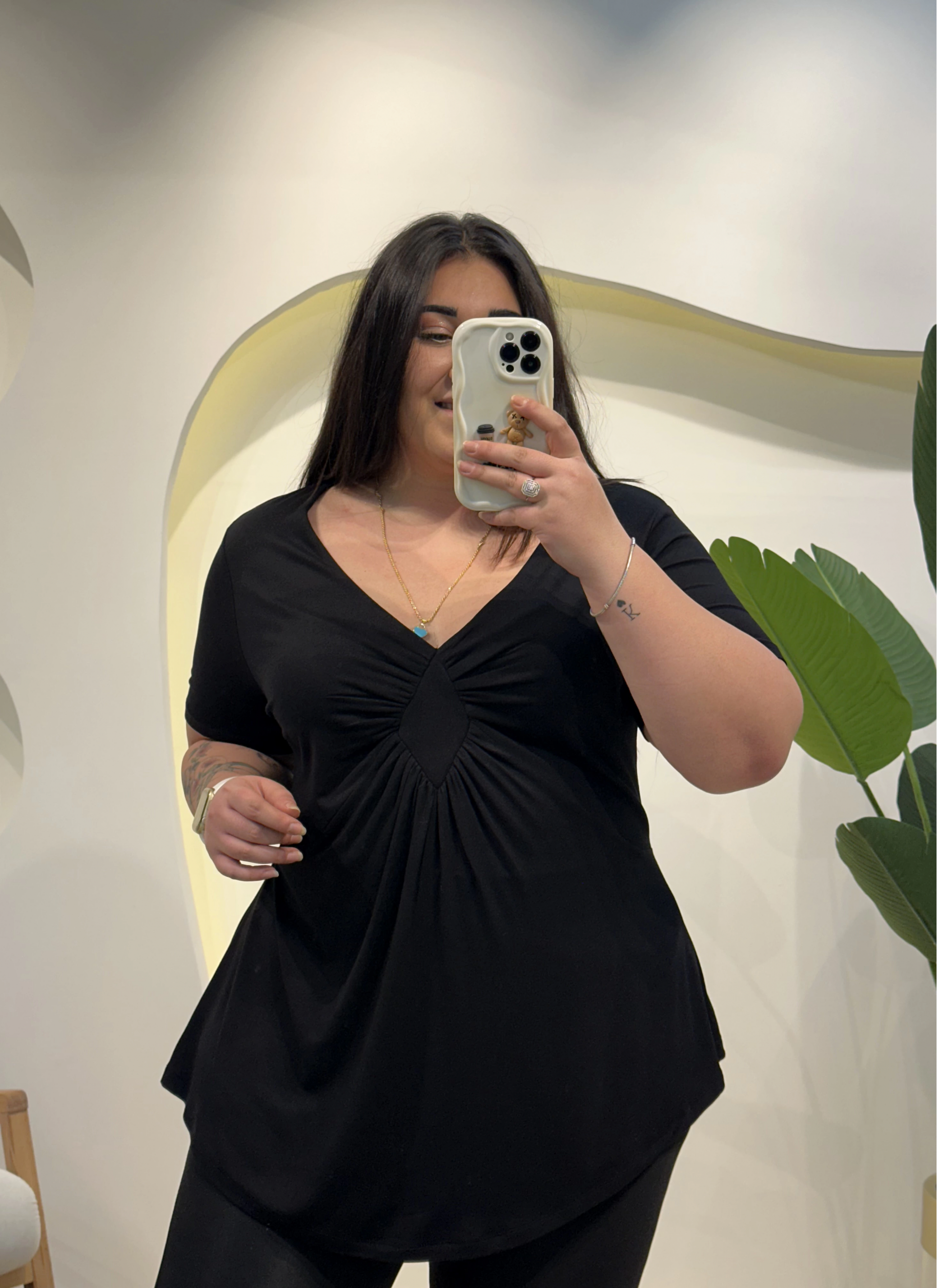 Büzgülü Esnek Penye Bluz - Siyah