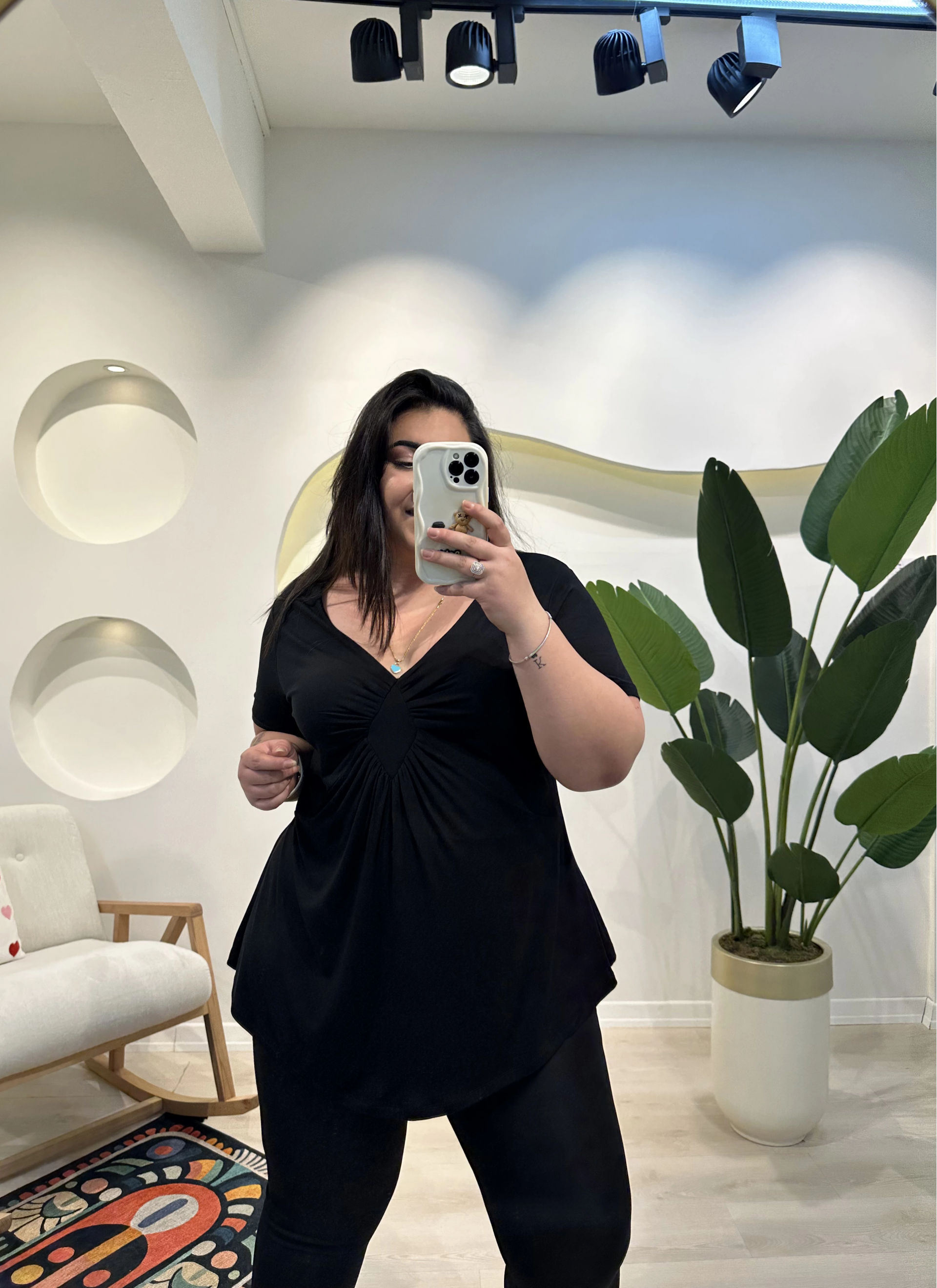 Büzgülü Esnek Penye Bluz - Siyah