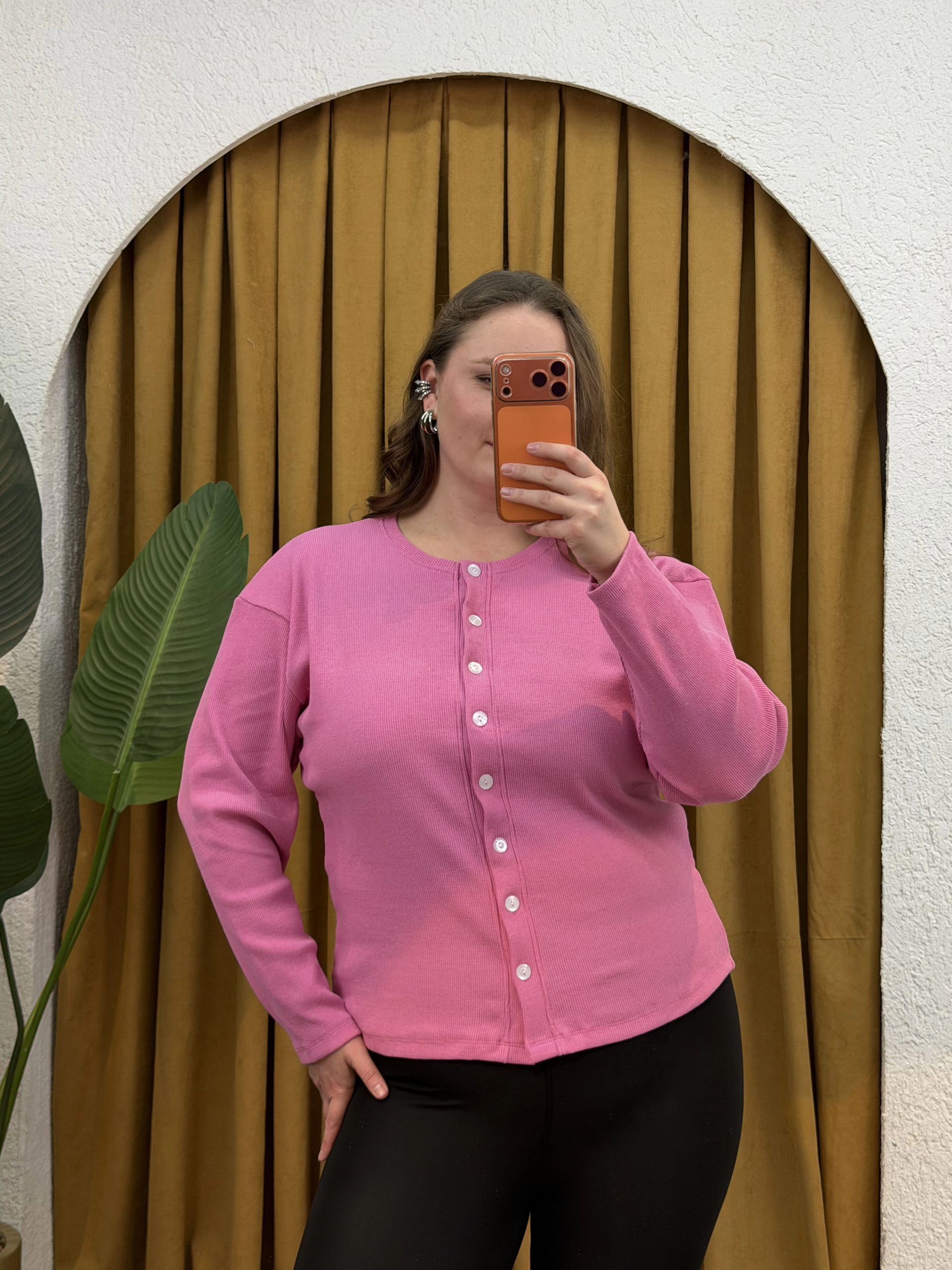 Düğmeli Basic Triko Hırka - Pembe