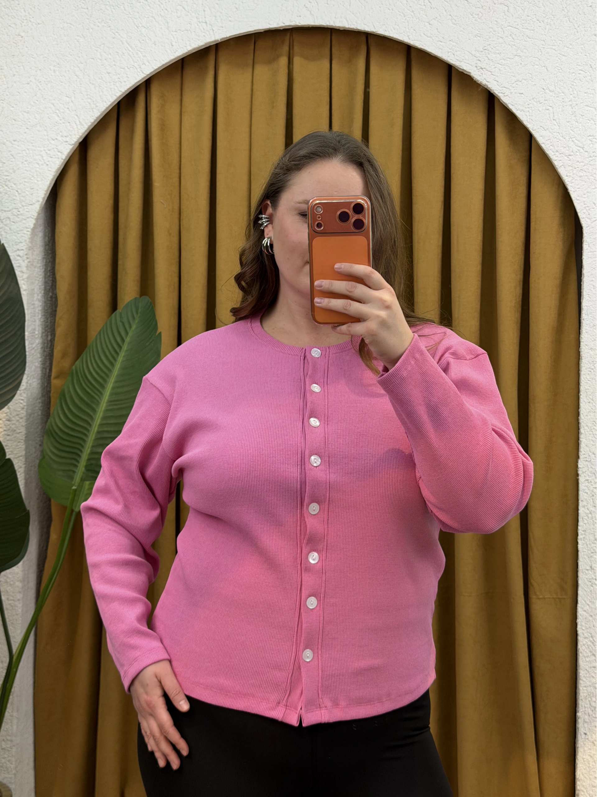 Düğmeli Basic Triko Hırka - Pembe