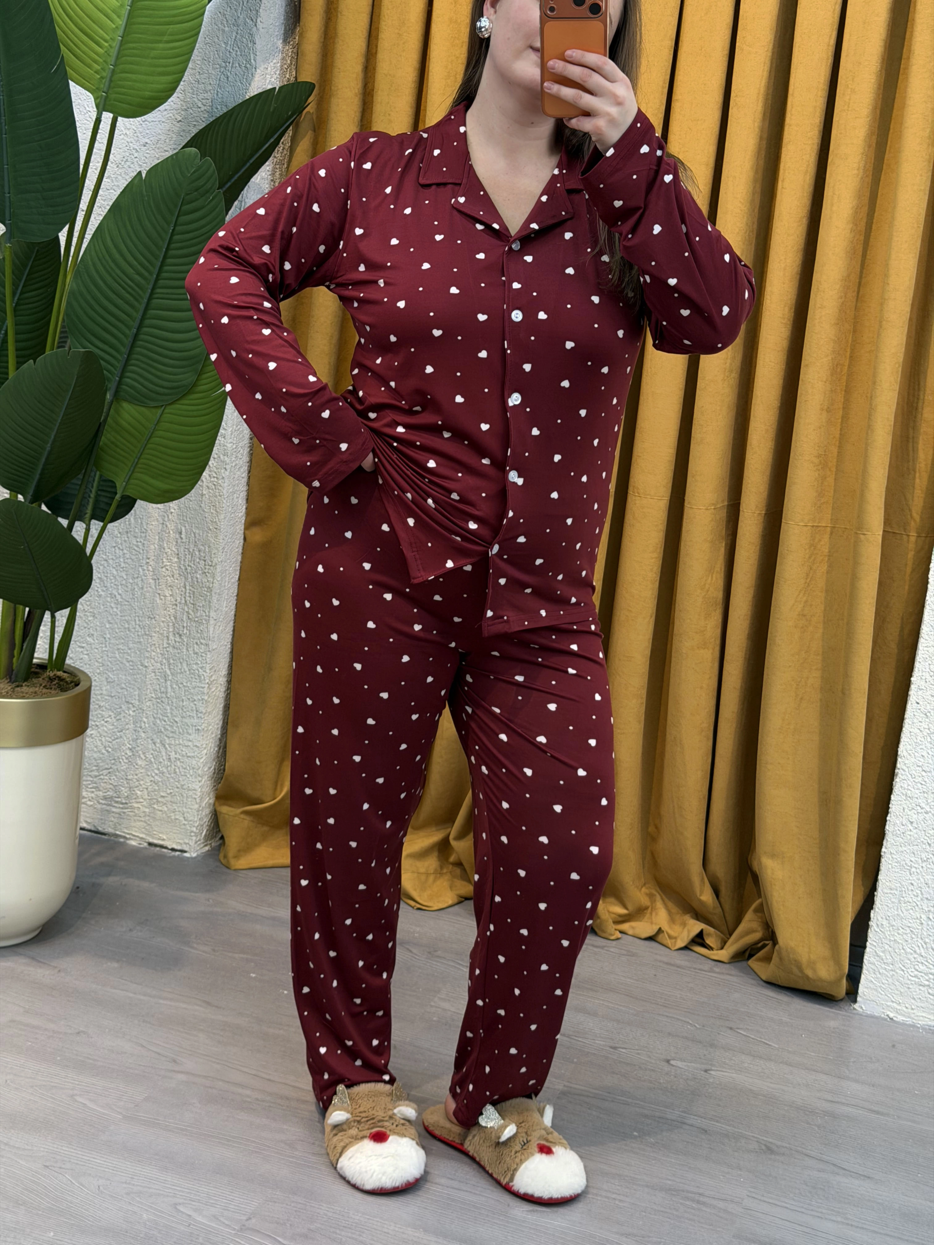 Düğmeli Esnek Pijama Takımı - Bordo Kalpli