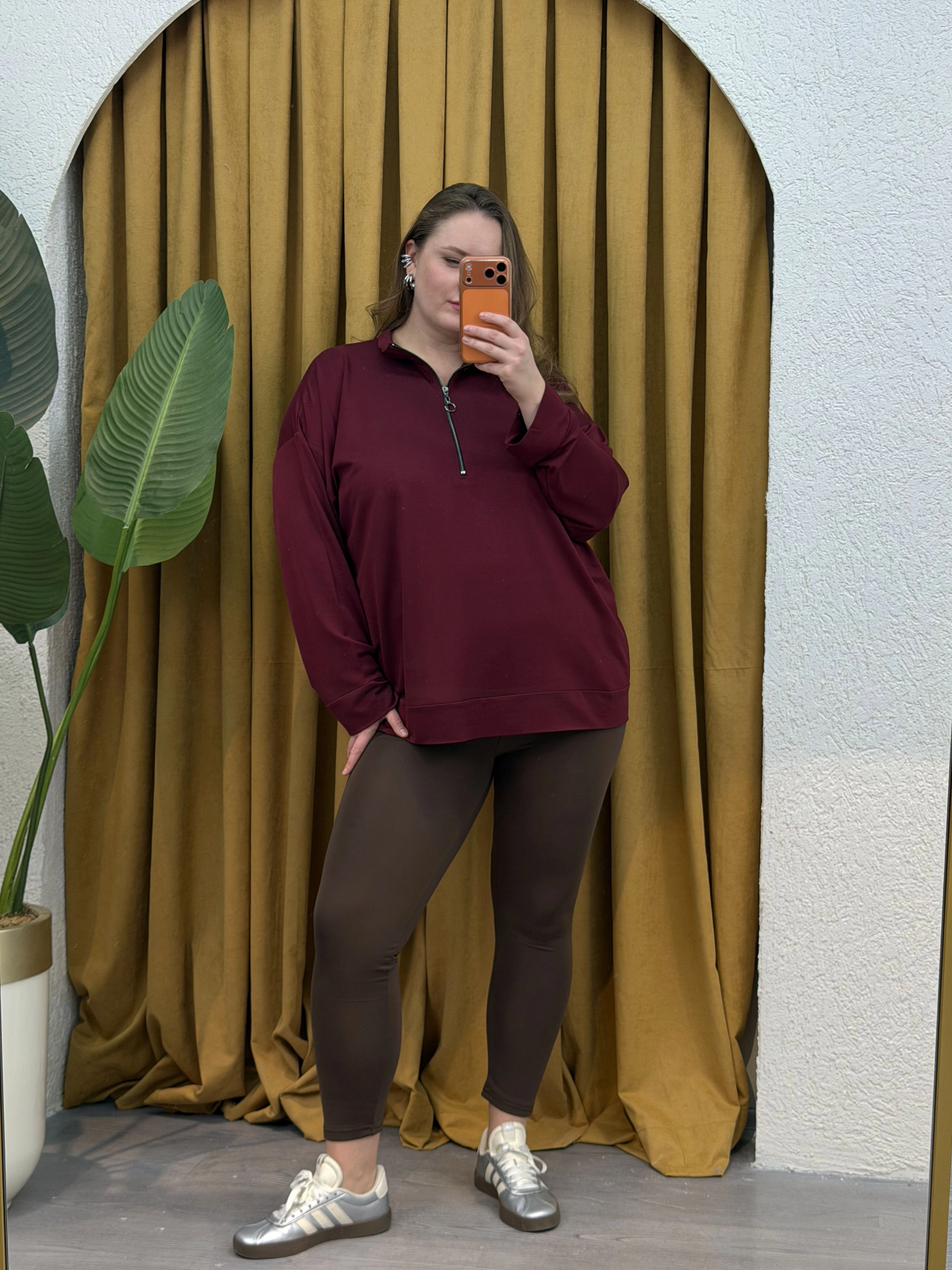 Fermuarlı Dik Yaka Modal Karışımlı Bluz - Bordo